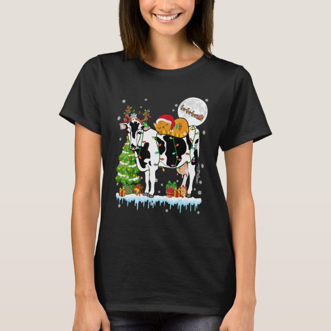 Santa Cat Ridding Reindeer Cow Julgran Farm T Shirt (Framsida)