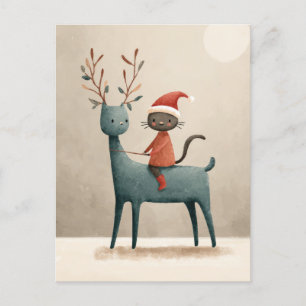 Santa Cat Riding Reindeer Watercolor jul Vykort