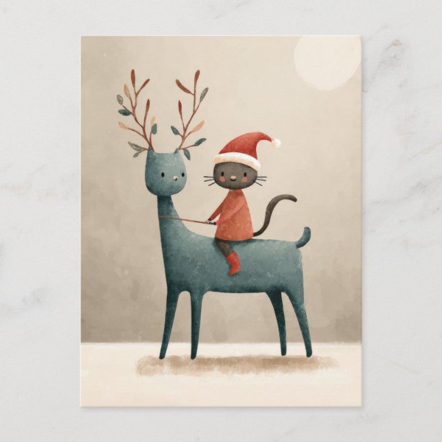 Santa Cat Riding Reindeer Watercolor jul Vykort (Framsida)