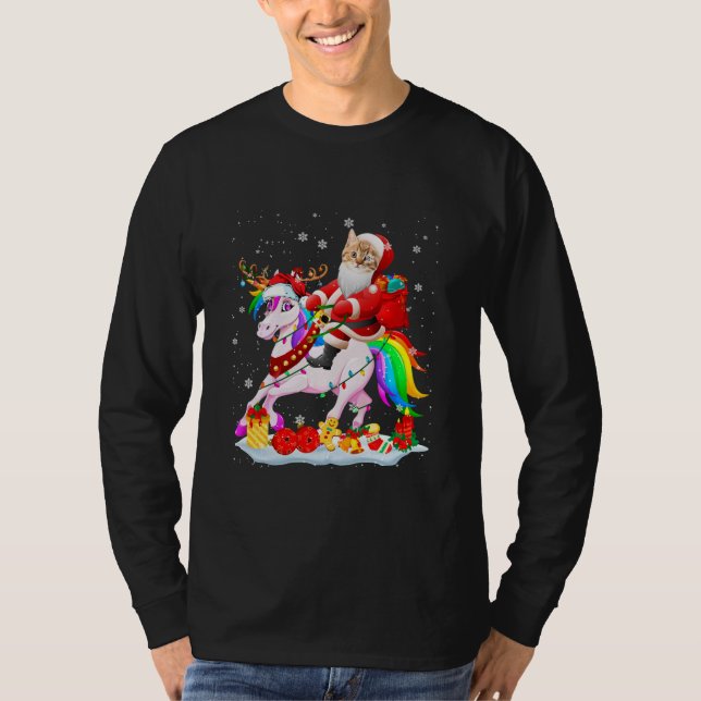 Santa Cat Riding Unicorn-jultomten T Shirt (Framsida)