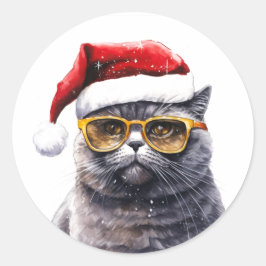 Santa Cat with Sunglass Stickers Runt Klistermärke