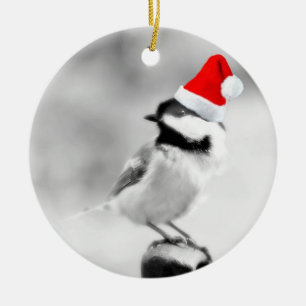 santa chickadee julgransprydnad keramik