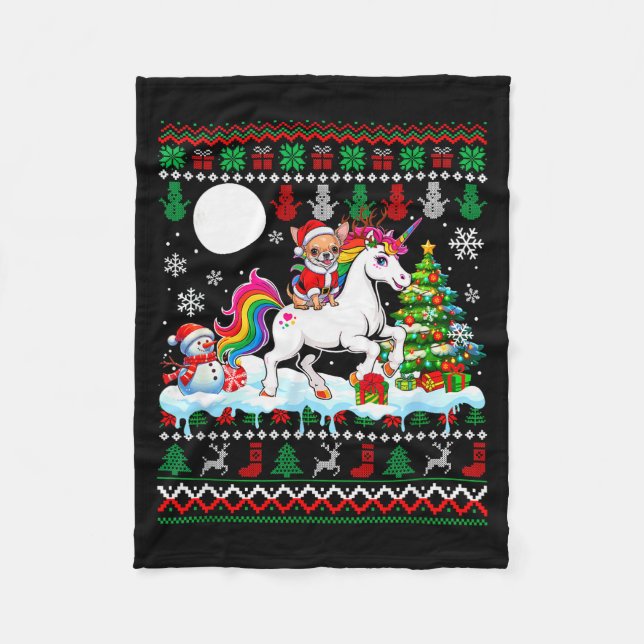 Santa Chihuahua Riding Unicorn Sweater Christmas O Fleecefilt (Framsidan)