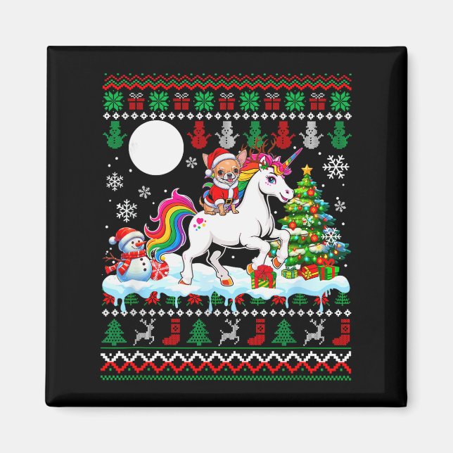 Santa Chihuahua Riding Unicorn Sweater Christmas O Magnet (Framsidan)