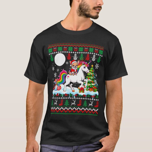 Santa Chihuahua Riding Unicorn Sweater Christmas O T Shirt (Framsida)