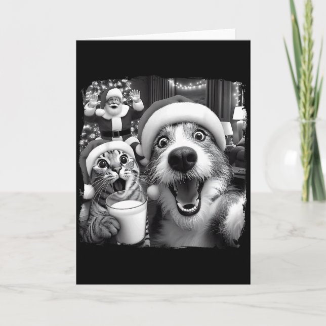 Santa Christmas Funny Cat Taking Selfie Racoon Xma Kort (Framsida)