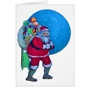 SANTA, CHRISTMAS GIFT SACK OCH LEKSAKER I STARRY H HÄLSNINGSKORT