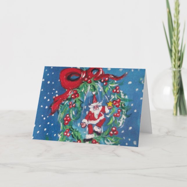 SANTA CHRISTMAS KVÄLL KRONA MED RED RIBBON HELGKORT (Framsida)