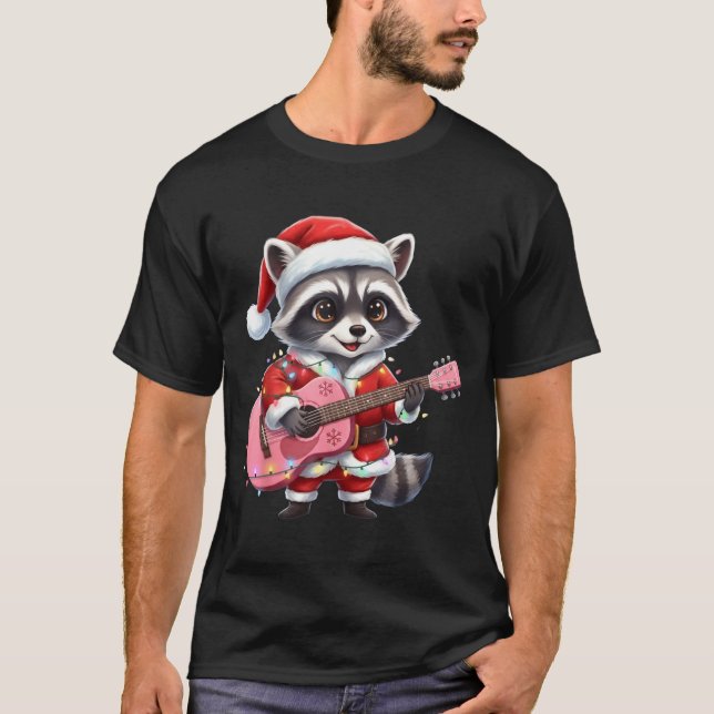 Santa Christmas Raccoon Playing Nk Guitar  T Shirt (Framsida)