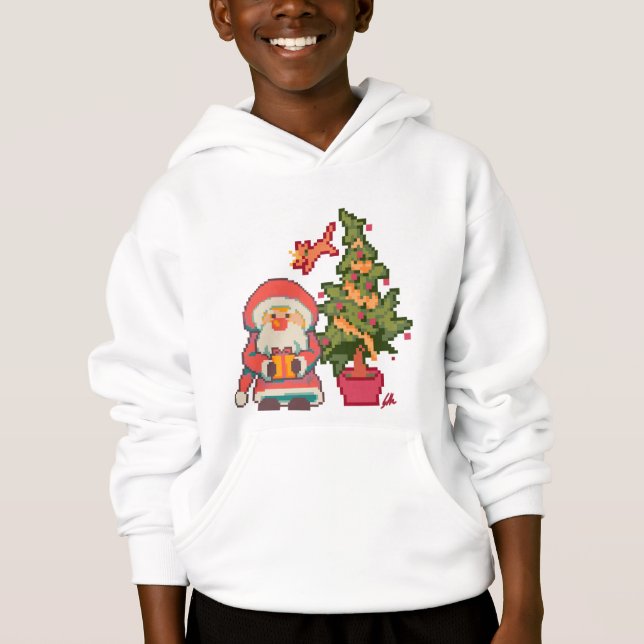 Santa,, Christmas tree, cat Pixelart, Pixel Art  T Shirt (Framsida)
