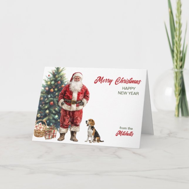 Santa Claus and Beagle Hound Dog Christmas Helgkort (Framsida)