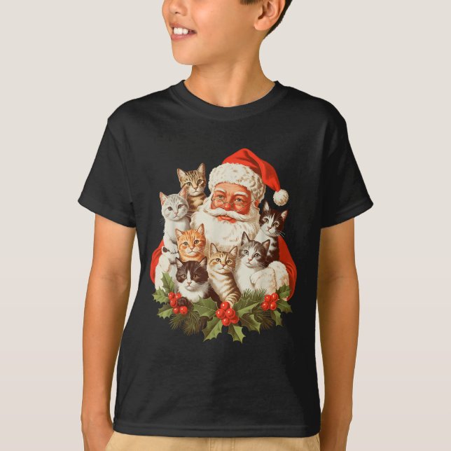Santa Claus And Kittens Cats Christmas  T Shirt (Framsida)