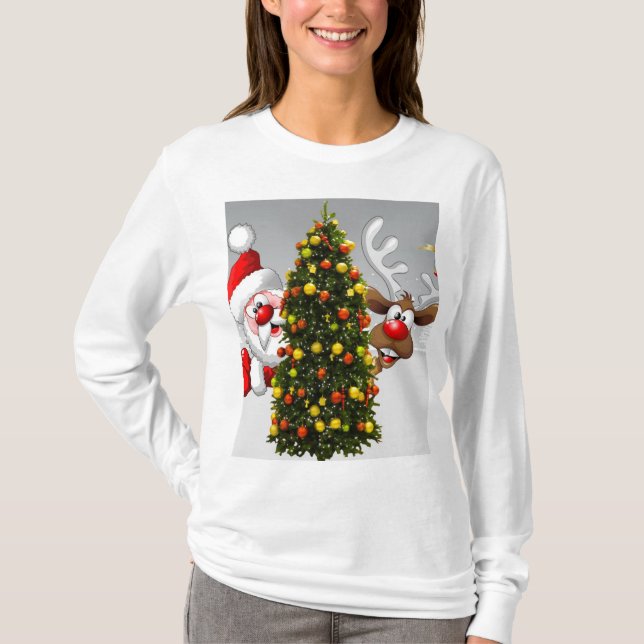 Santa claus and reindeer behind a christmas tree.j t shirt (Framsida)