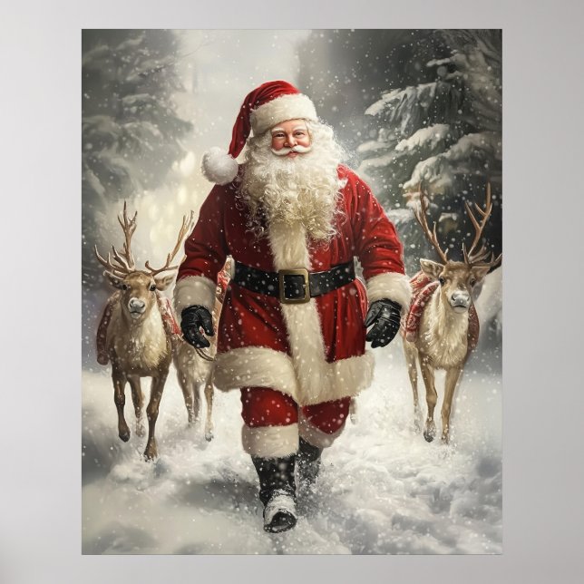 Santa Claus and Reindeer Christmas Wall Art Poster (Framsidan)