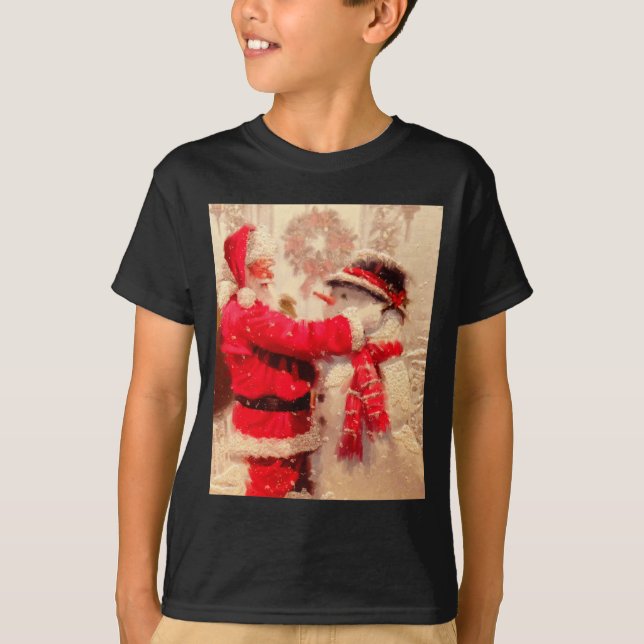Santa Claus And Snowman In Snowfall  T Shirt (Framsida)