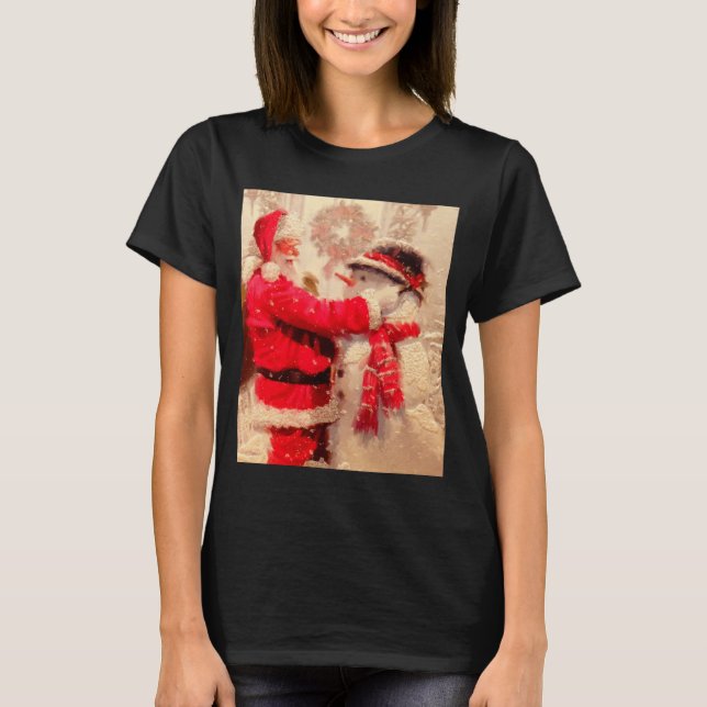 Santa Claus And Snowman In Snowfall  T Shirt (Framsida)