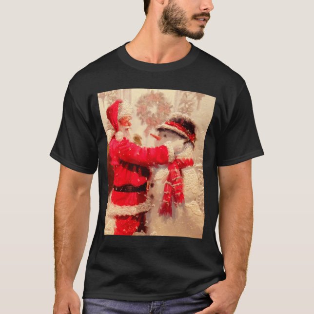 Santa Claus And Snowman In Snowfall  T Shirt (Framsida)