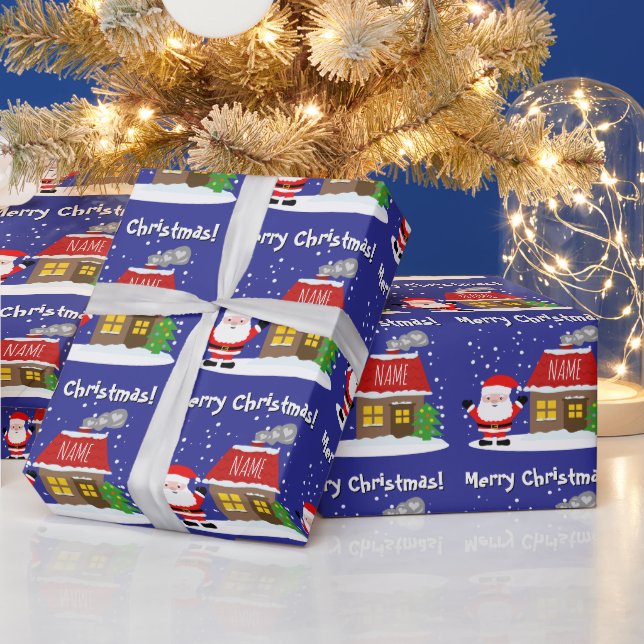 Santa Claus cartoon with house and Christmas tree Presentpapper (Helgdagar)