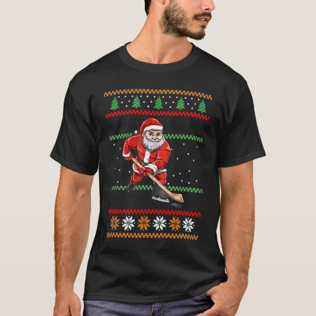 Santa Claus Christmas Ice Hockey Ugly Sweater T Shirt (Framsida)