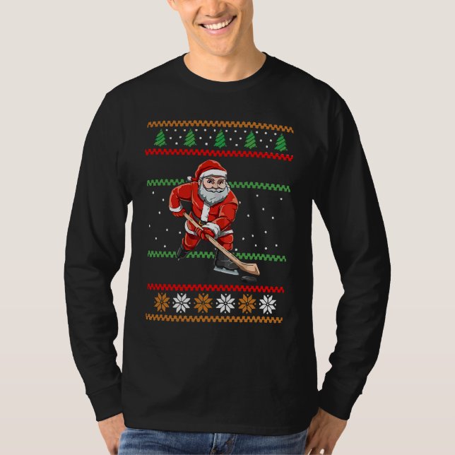 Santa Claus Christmas Ice Hockey Ugly Sweater T Shirt (Framsida)