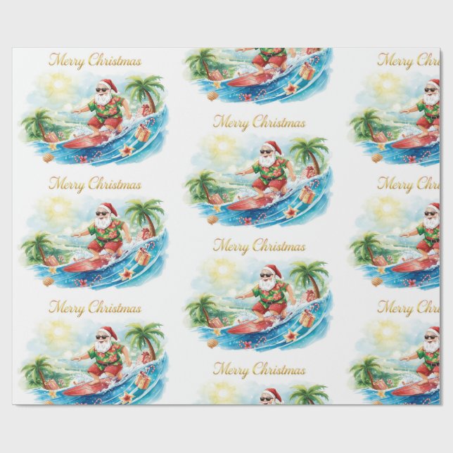 Santa Claus Christmas in July at the beach surfer Presentpapper (Platt)