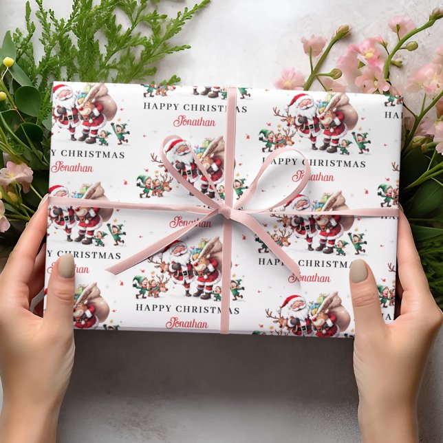 Santa Claus Deer Happy Christmas Personalized Name Presentpapper (Skapare uppladdad)