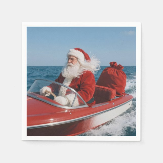 Santa Claus Delivering Gifts By Speedboat Pappersservett (Framsidan)