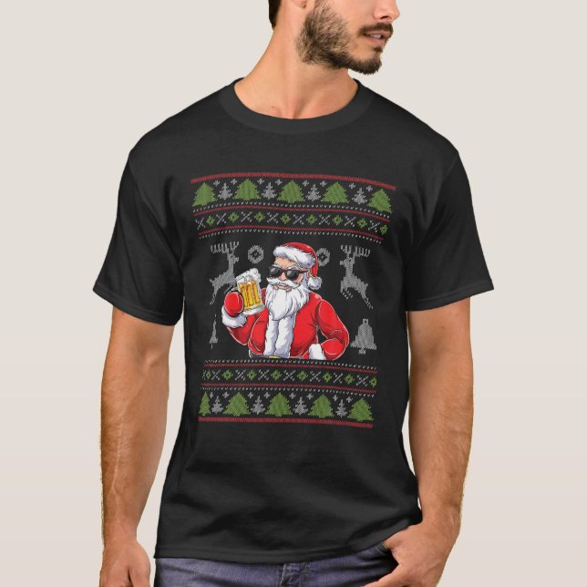 Santa Claus Drinking Beer - Sunglasses Christmas U T Shirt (Framsida)