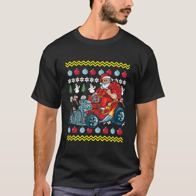 Santa Claus Driving Hot Rod Ugly Car T Shirt (Framsida)