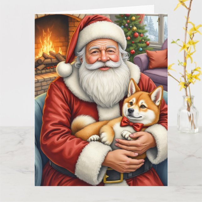 Santa Claus Holding Akita Christmas Art Kort (Gul blomma)