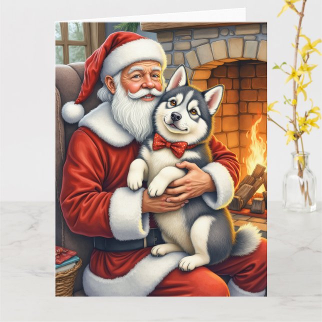 Santa Claus Holding Alaskan Malamute Christmas Art Kort (Gul blomma)