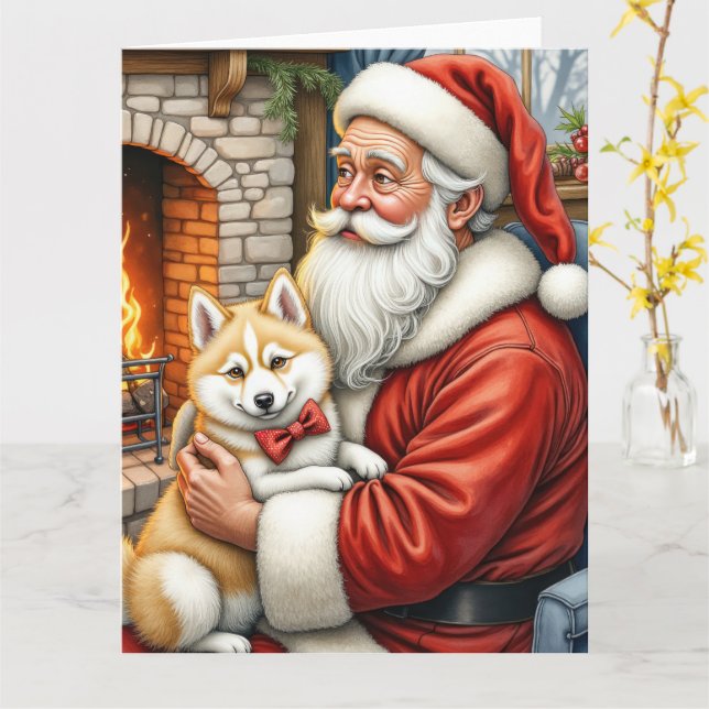 Santa Claus Holding American Eskimo Christmas Art Kort (Gul blomma)