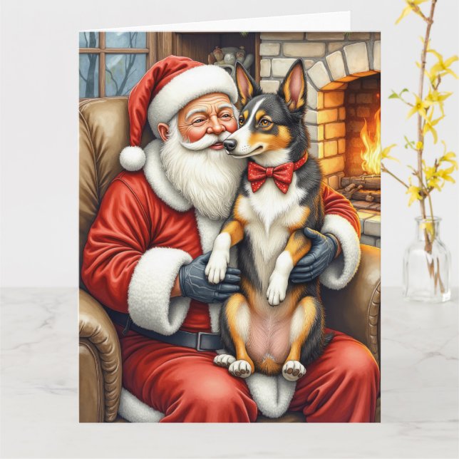 Santa Claus Holding Australian Kelpie Christmas  Kort (Gul blomma)