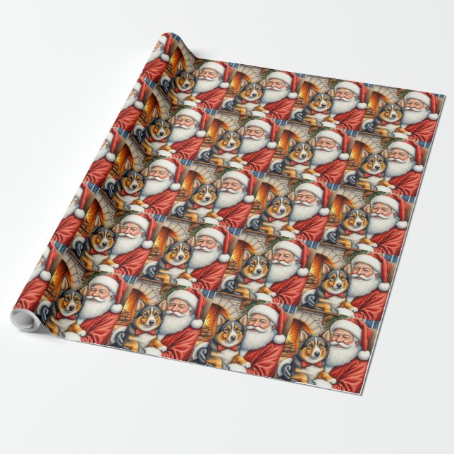 Santa Claus Holding Australian Shepherd Christmas  Presentpapper (Utrullad)
