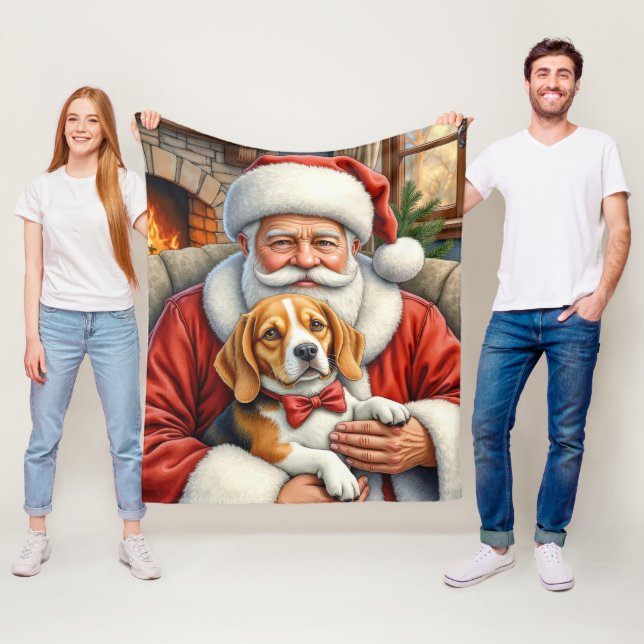 Santa Claus Holding Beagle Christmas Art Fleecefilt (På plats)