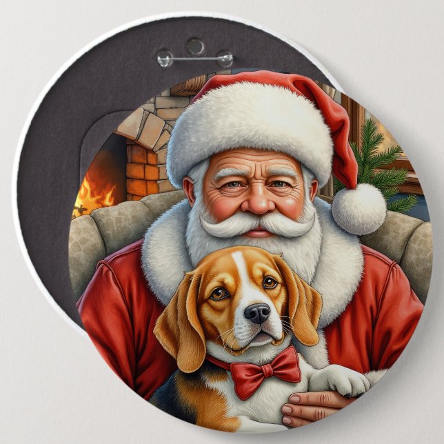 Santa Claus Holding Beagle Christmas Art Knapp (Framsida & baksida)
