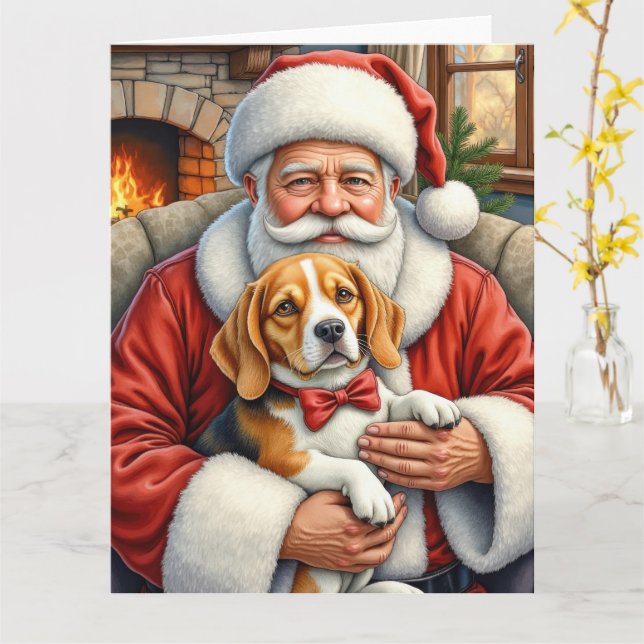 Santa Claus Holding Beagle Christmas Art Kort (Gul blomma)