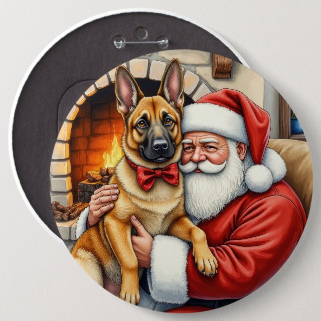 Santa Claus Holding Belgian Malinois Christmas Art Knapp (Framsida & baksida)