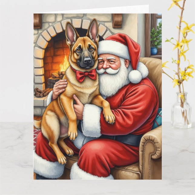 Santa Claus Holding Belgian Malinois Christmas Art Kort (Gul blomma)