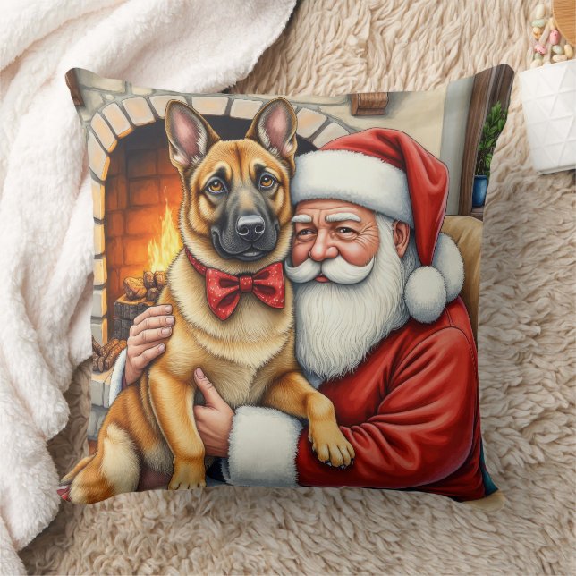 Santa Claus Holding Belgian Malinois Christmas Art Kudde (Filt)