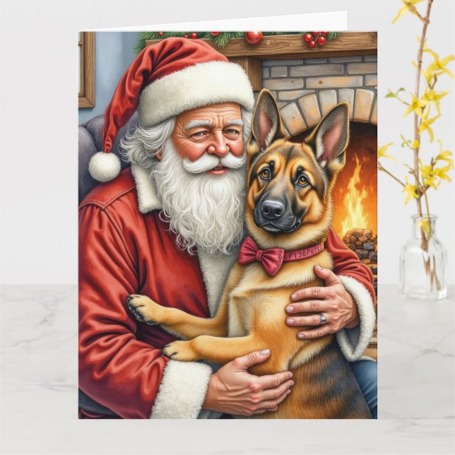 Santa Claus Holding Belgian Shepherd Christmas Art Kort (Gul blomma)