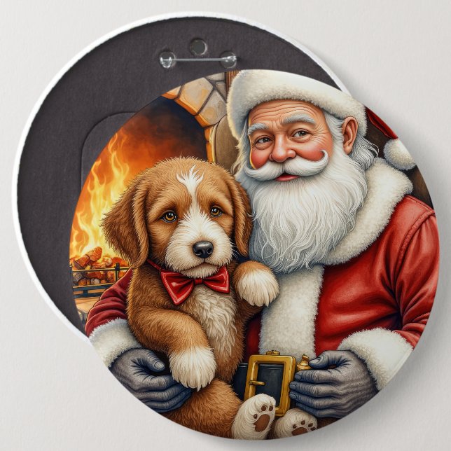 Santa Claus Holding Bernedoodle Christmas Art Knapp (Framsida & baksida)