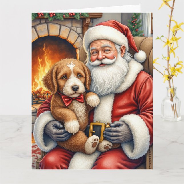 Santa Claus Holding Bernedoodle Christmas Art Kort (Gul blomma)