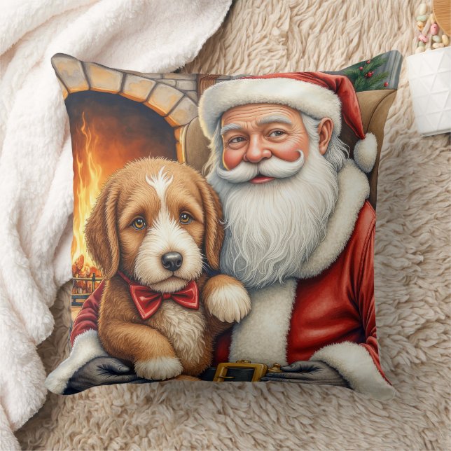 Santa Claus Holding Bernedoodle Christmas Art Kudde (Filt)