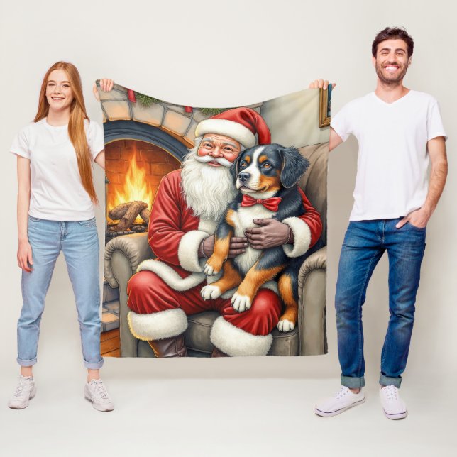 Santa Claus Holding Bernese Mountain Dog Christmas Fleecefilt (På plats)