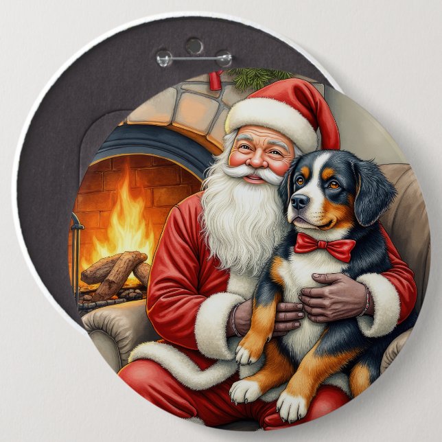 Santa Claus Holding Bernese Mountain Dog Christmas Knapp (Framsida & baksida)