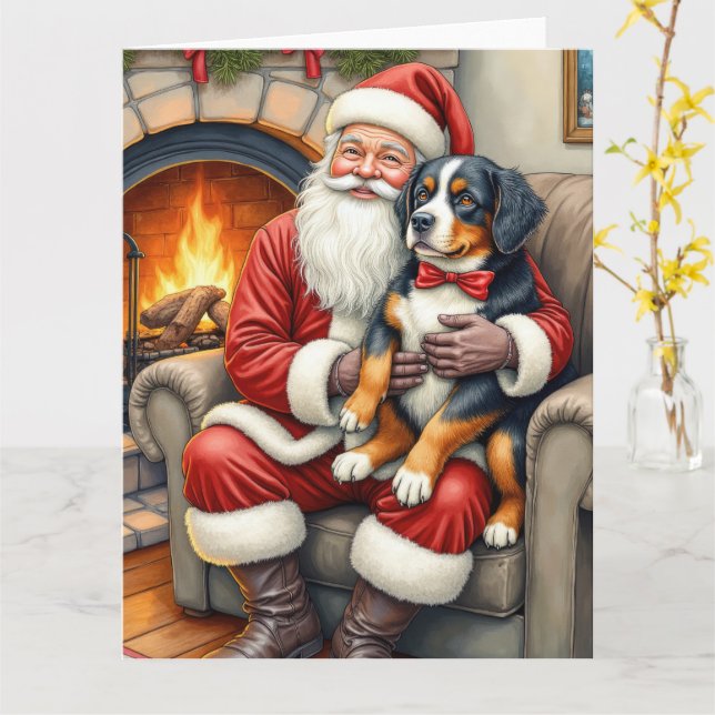 Santa Claus Holding Bernese Mountain Dog Christmas Kort (Gul blomma)