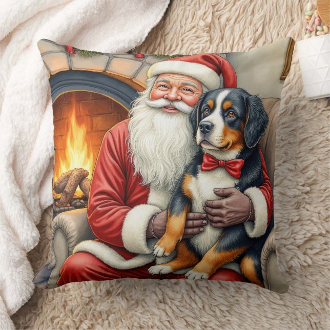 Santa Claus Holding Bernese Mountain Dog Christmas Kudde (Filt)