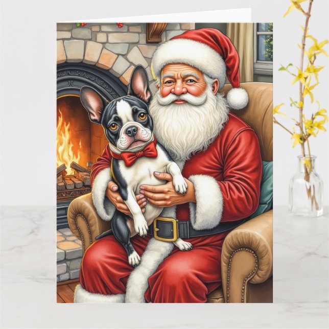 Santa Claus Holding Boston Terrier Christmas Art Kort (Gul blomma)