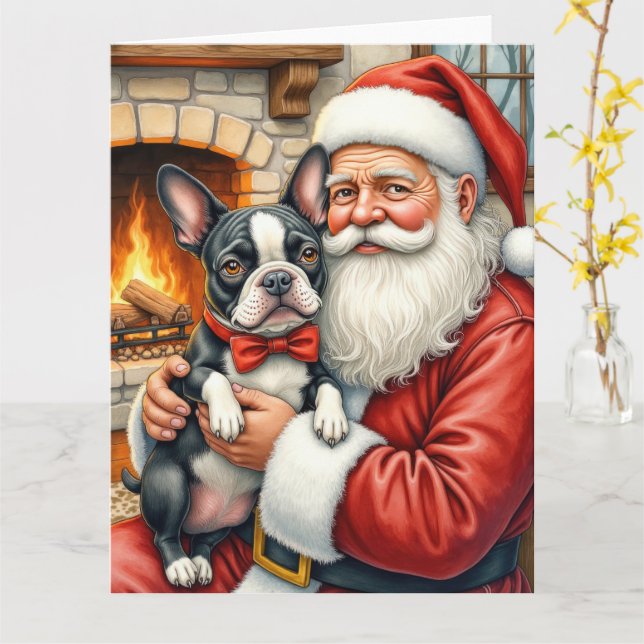 Santa Claus Holding Boston Terrier Christmas Art Kort (Gul blomma)